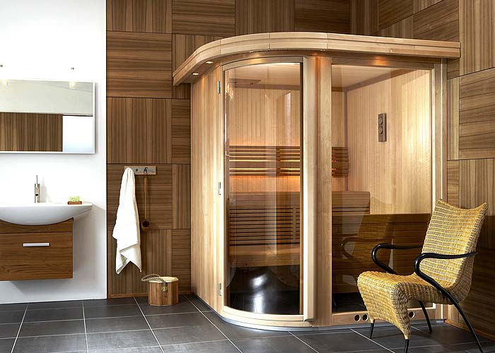 Designsauna „Space Vision“ mit Glasflächen aus rauchgetöntem, gehärtetem Sicherheitsglas