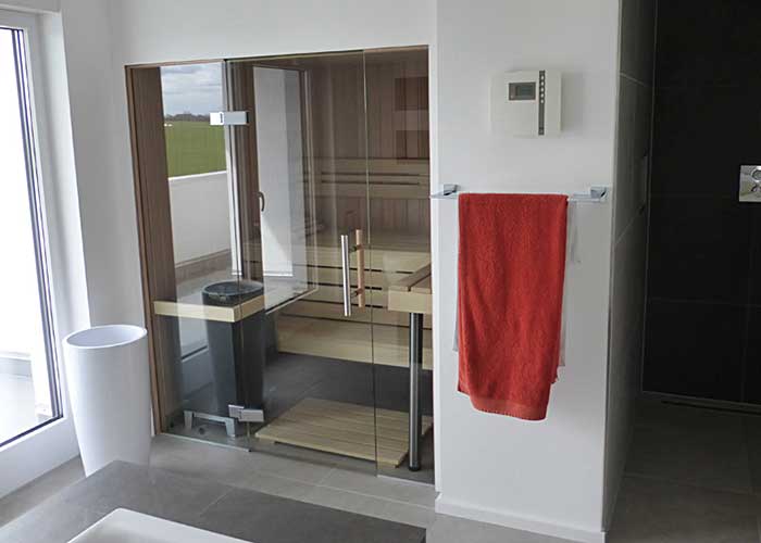 Elementsauna im Badezimmer außen Verkleidung mit Rigipsplatten